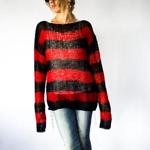 Red and Black Mohair Sweater, Unisex Knit Top, Striped Jumper, 90s Grunge, Punk, Rave, by myAqua image 1