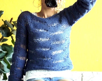 Handknitted Dark Blue Cropped Sweater with Drop Stitch Texture for Women, Boho Vegan Clothing by myAqua