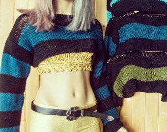 Teal and Black Striped Sweater with Long Sleeves, Handknit Crop Top,  Fairy Kei & Grunge Clothing by myAqua