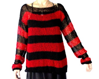 Red and Black Striped Baggy Sweater, 90s Grunge Clothing, Loose Mohair Sweater, Oversize Knit Top,  Man Mohair Sweater, by myAqua