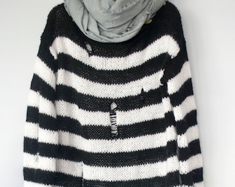 Black and White Striped Sweater Baggy Mohair Jumper Man Rave Clothing Shredded Striped Jumper Men s Grunge Jumper 90 s Style by Myaqua Etsy UK