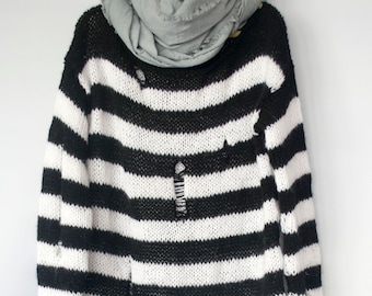 90s Striped Sweaters, Black and White Baggy Sweater, Slouchy Mohair Jumper, Man Rave Clothing, Shredded Striped Jumper by myAqua