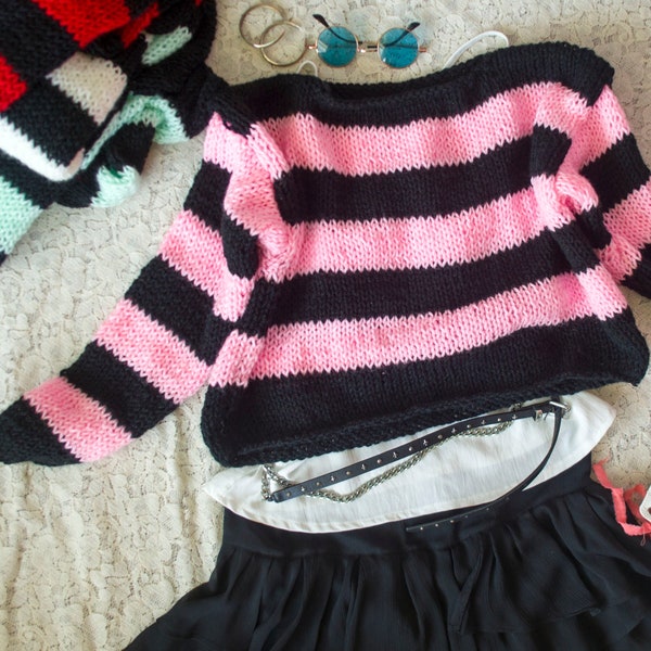 Pink Black Striped Harajuku Sweater, Nonbinary Knitwear, Uwu Girl Clothing Style, Fairy Grunge sweater with Lines by myAqua