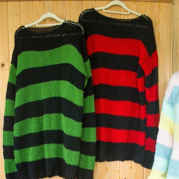Striped Sweater, 90s Style Grunge Jumper, Nonbinary Punk Shirt, Green Red Black Stripes, Grunge Clothing, Goth Outfit, 100% Acrylic, Unisex