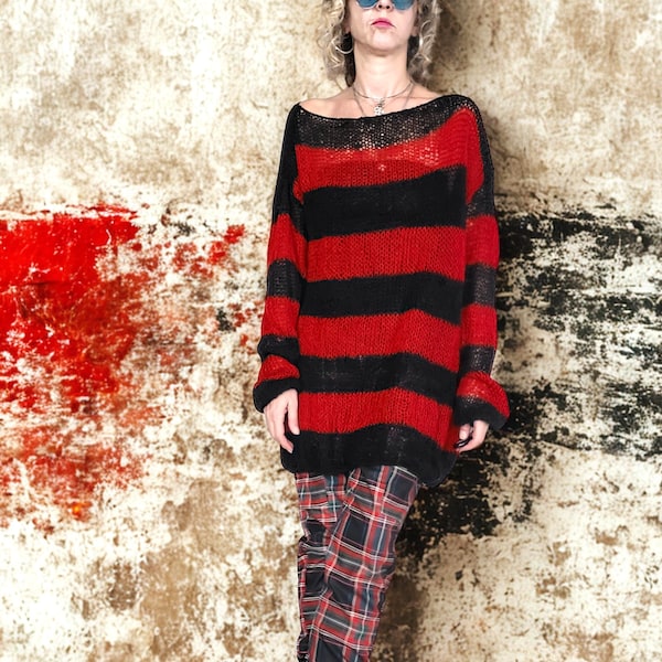 Red Black Striped Mohair Sweater, Oversized Unisex Knitwear, 90s Red Striped Jumper, Grunge, Punk, Rave, by myAqua