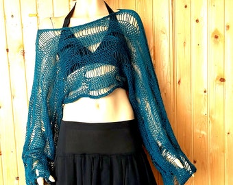 Mohair Sweater with Wide Sleeves, Blue See-Through Cropped Sweater Shrug, Boho Teal Sweater, Sheer Crop Top by myAqua