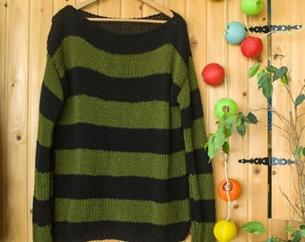 Green and Black Striped Sweater, 90s Style Fairy Grunge Jumper, Nonbinary Punk Shirt, Grunge Clothing, Goth Outfit, Genderneutral Clothing