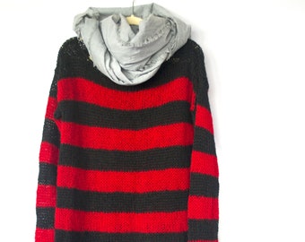 Striped Sweater, 90s Mohair Jumper, Red Black Punk, Red and