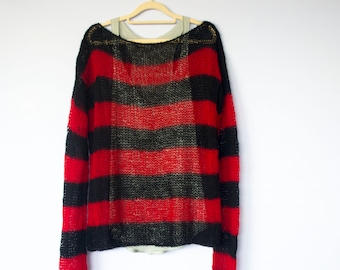 Striped Baggy Sweater, Red Black Punk Jumper, 90s Grunge Clothing, Mohair See Through Oversize Knit Top,  Man Mohair Sweater, by myAqua