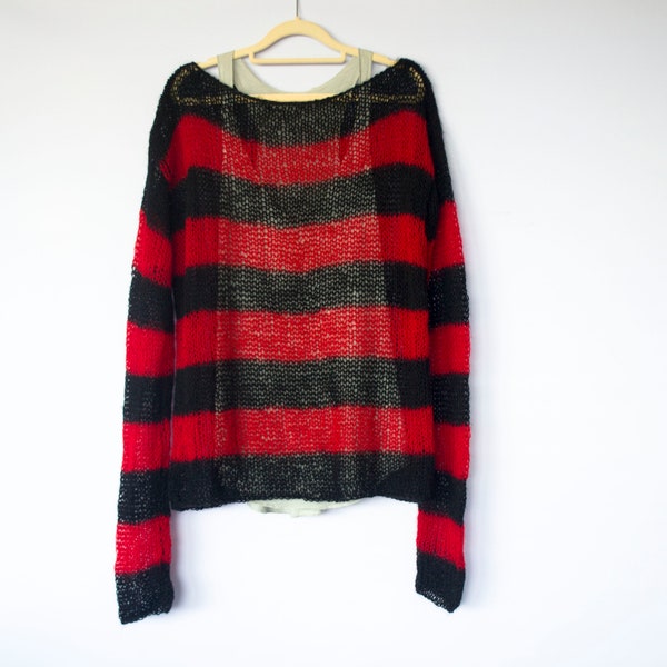 Striped Baggy Sweater, Red Black Punk Jumper, 90s Grunge Clothing, Mohair See Through Oversize Knit Top,  Man Mohair Sweater, by myAqua