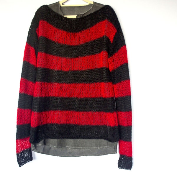 Maglione in mohair a righe, maglione a strisce rosse e nere, maglione lavorato a maglia unisex da uomo da donna, abito post punk grunge, manica lunga aderente oversize