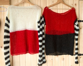 Red Black Mohair Sweater, Striped Sleeves Red & Black Red and White Jumper, See Through Hand-knit, Pop Punk Mohair Grunge by myAqua