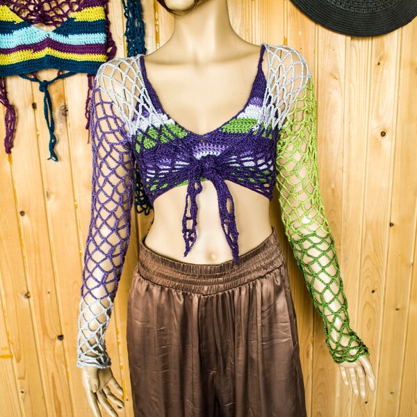 Mesh Knit Bolero and Matching Crochet Top, Cotton Crochet Crop Top, Tribal Vibes, Belly Dance Style See Through Top by myAqua