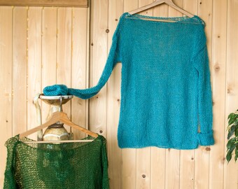 Mohair Sweater, Turquoise Knit Top, Hand Knit Blue Mohair Jumper, See Through Sweater, Women's Men's Sheer Lightweight Sweater  by myAqua