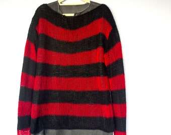 Gestreifter Mohair Pullover, Rot Schwarz Streifen Pullover, Damen Herren Unisex Strickpullover, Post Grunge Punk Outfit, Übergroße Passend Lange Ärmel