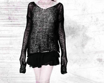 Black Mohair Sweater, Punk Mohair Jumper, Loose Knit Grunge Sweater, Fairy Grunge Nu Goth Clothing, Long Sleeve Sheer Top by myAqua