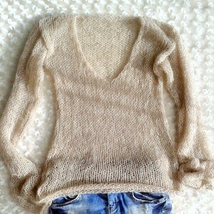 Women's Mohair Sweater, Hand Knit Blouse, Boho Knitwear, Knit sweater in Beige Color,  V Neck Sweater Tops Grunge Clothing by myAqua