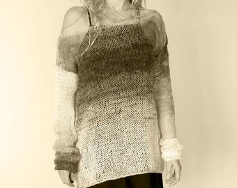 Hand-knit Grunge Sweater, Oversized Mohair Sweater, Black and White Ombre, Off-the-Shoulder See Through Sweater by myAqua