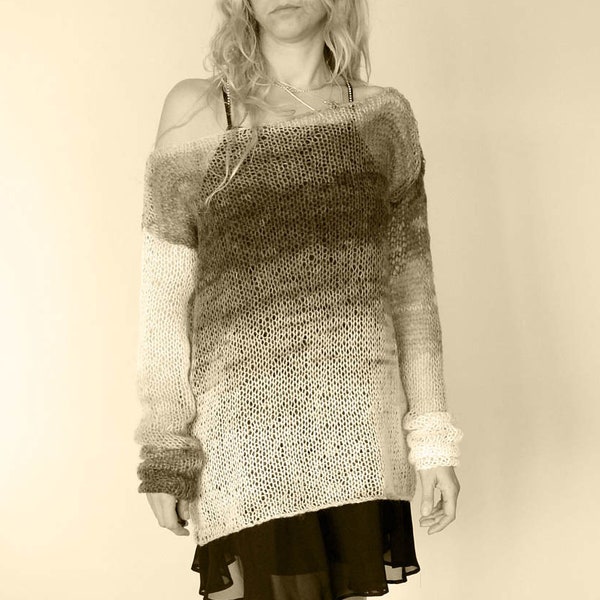 Hand-knit Grunge Sweater, Oversized Mohair Sweater, Black and White Ombre, Off-the-Shoulder See Through Sweater by myAqua