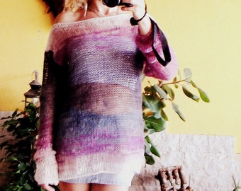 Purple Gray Mohair Sweater, Loose Fit See Through Boho Punk Pullover Sweater with Extra Long Sleeves, Custom Sweater by myAqua