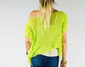 Fringe Shirt, Short Sleeve, Bright Neon Color Disco Tee, Boho Chic, Off one Shoulder, Lime Green, Casual Chic Clothing for Women, by myAqua