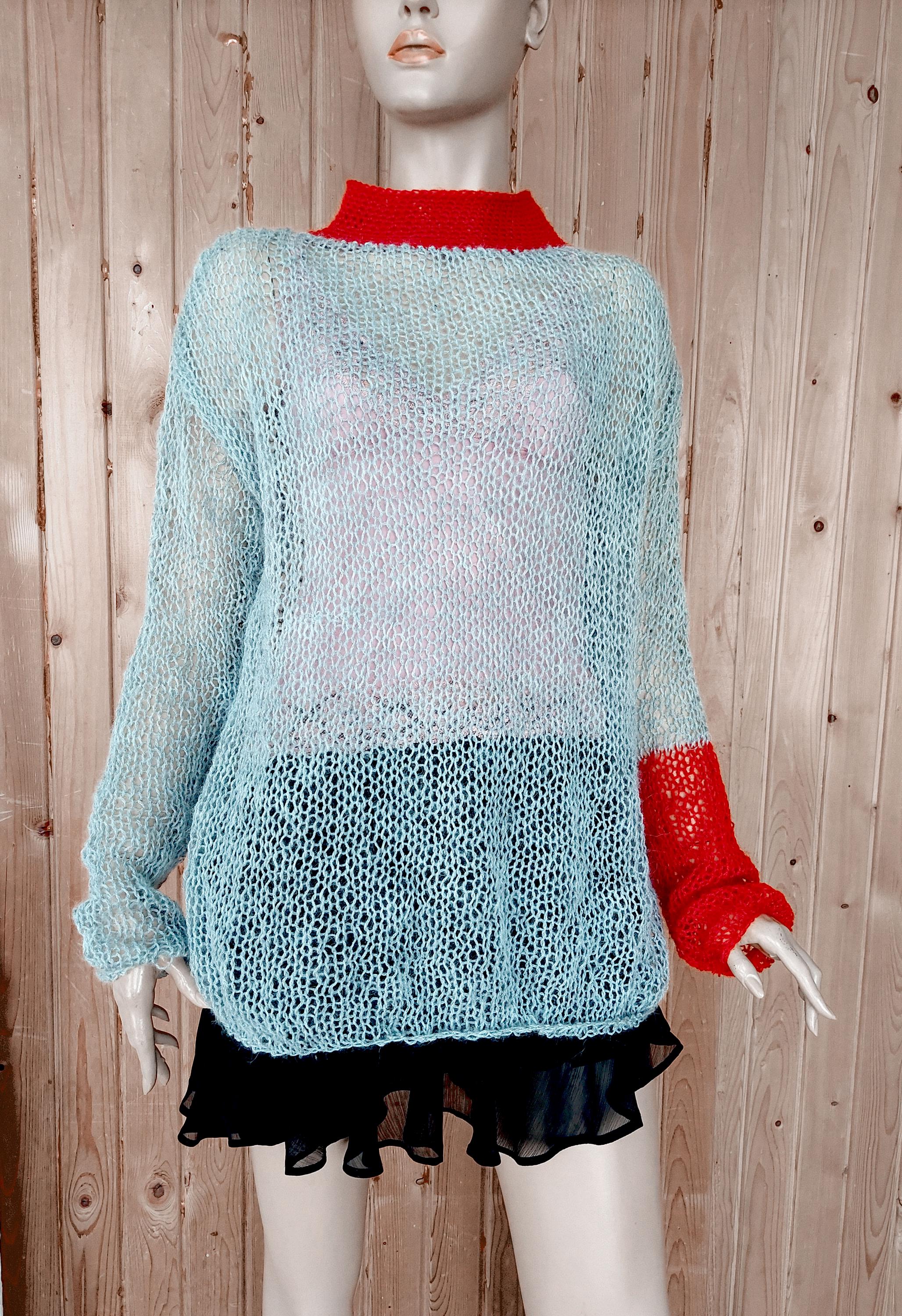 入荷now 口コミ Grunge Mohair 80s Knitwear, See-through Gray & Red Sweater, トップス