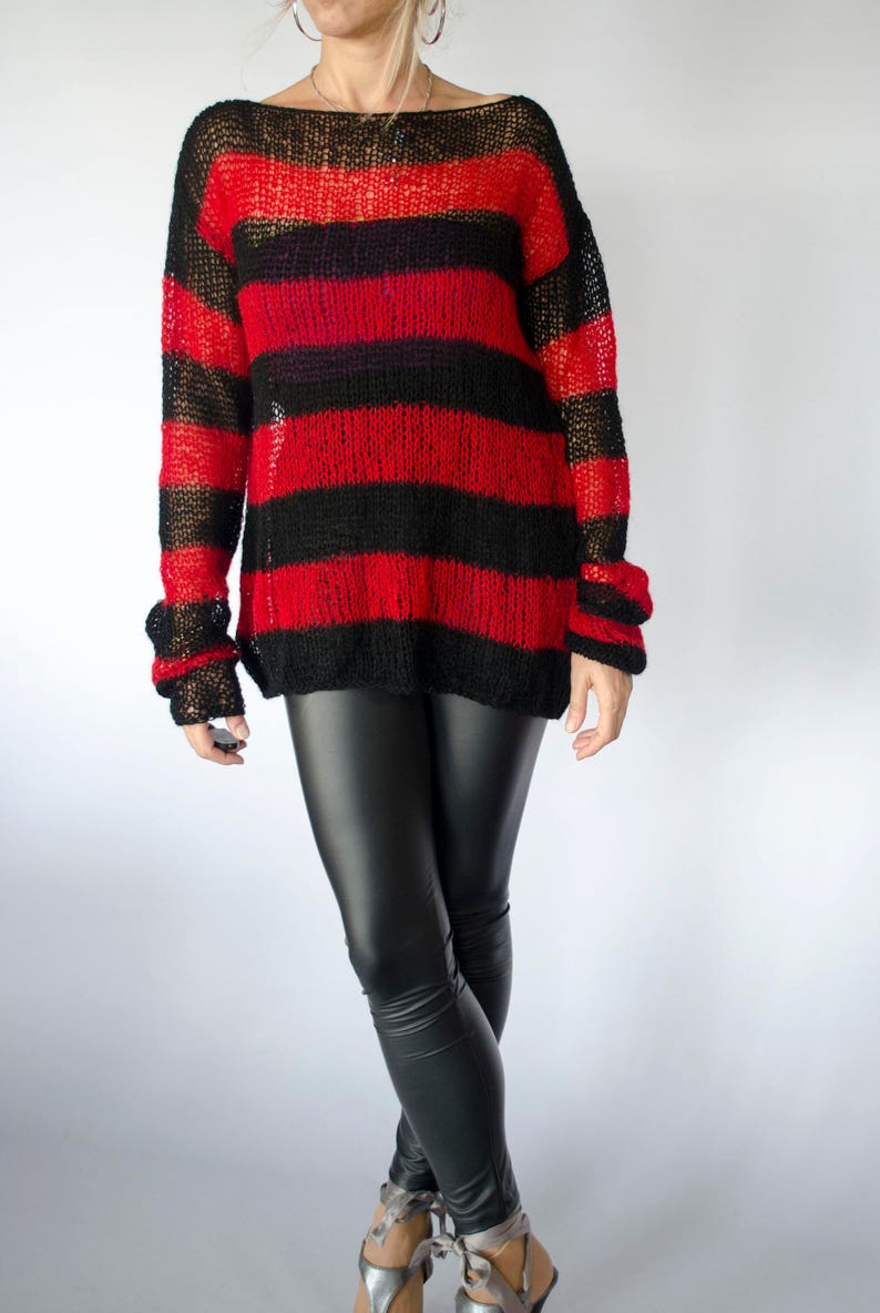 Red and Black Mohair Sweater, Unisex Knit Top, Striped Jumper, 90s Grunge, Punk, Rave, by myAqua image 2