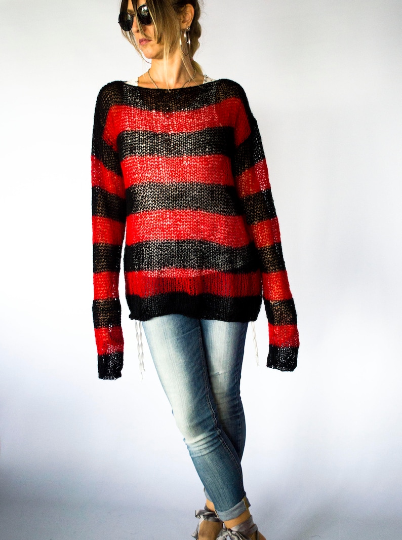 Red and Black Mohair Sweater, Unisex Knit Top, Striped Jumper, 90s Grunge, Punk, Rave, by myAqua image 1