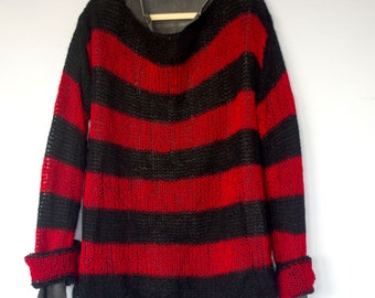 Striped Mohair Jumper, Red Black Stripes Sweater, Womens Mens