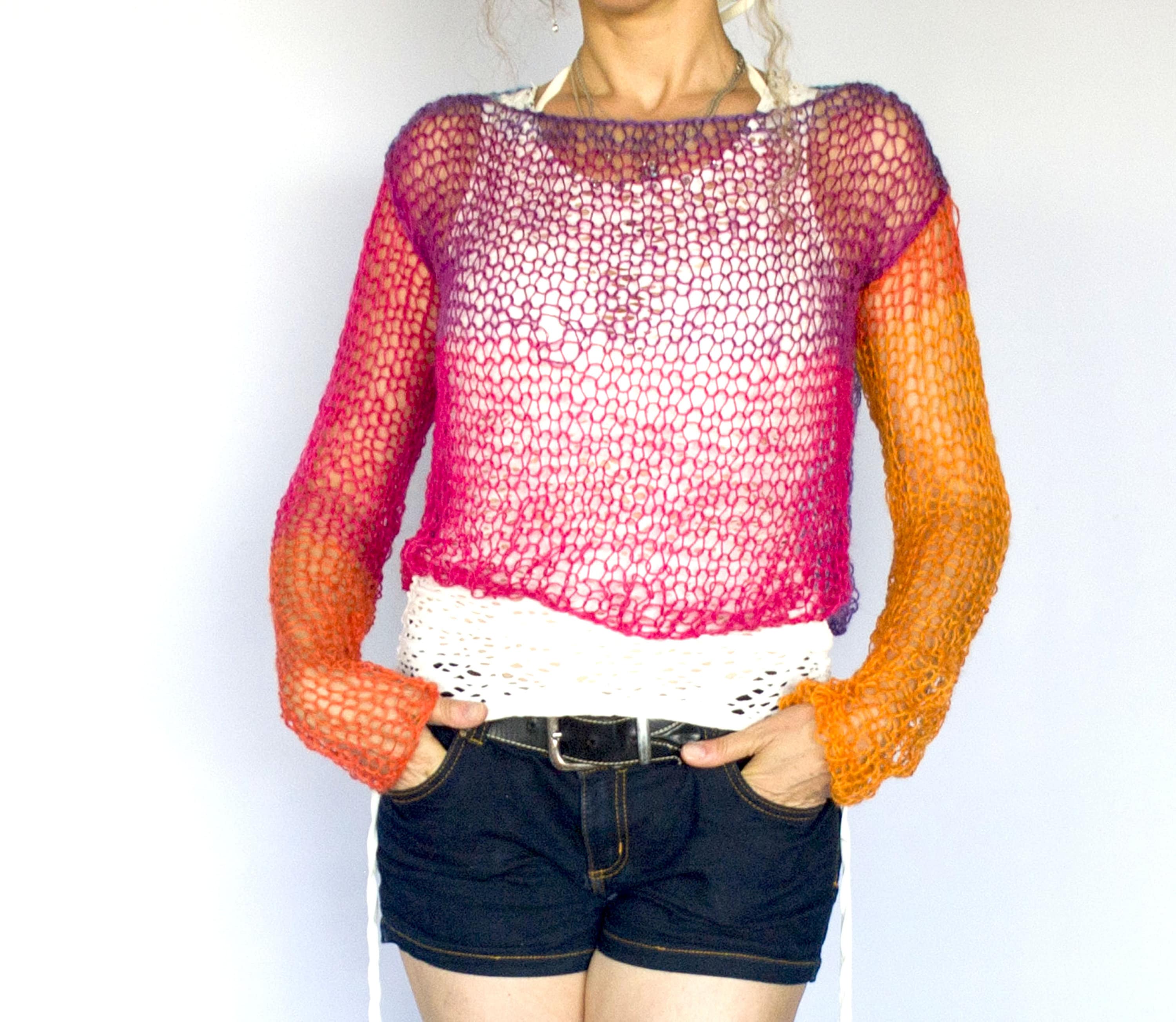 Sheer Mohair Top, Long Sleeve Crop Top, Mesh Knit Holey