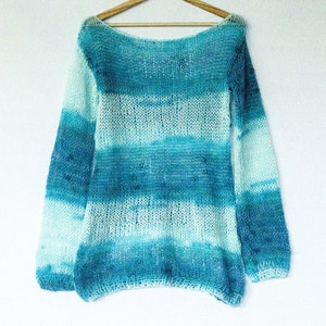 Blue Angora Mohair Sweater, Lightweight Sweater, Aqua Blue Knit Top, Long Sleeve Wool Jumper, Bohemian Clothing, Delicate Sheer and Soft image 2