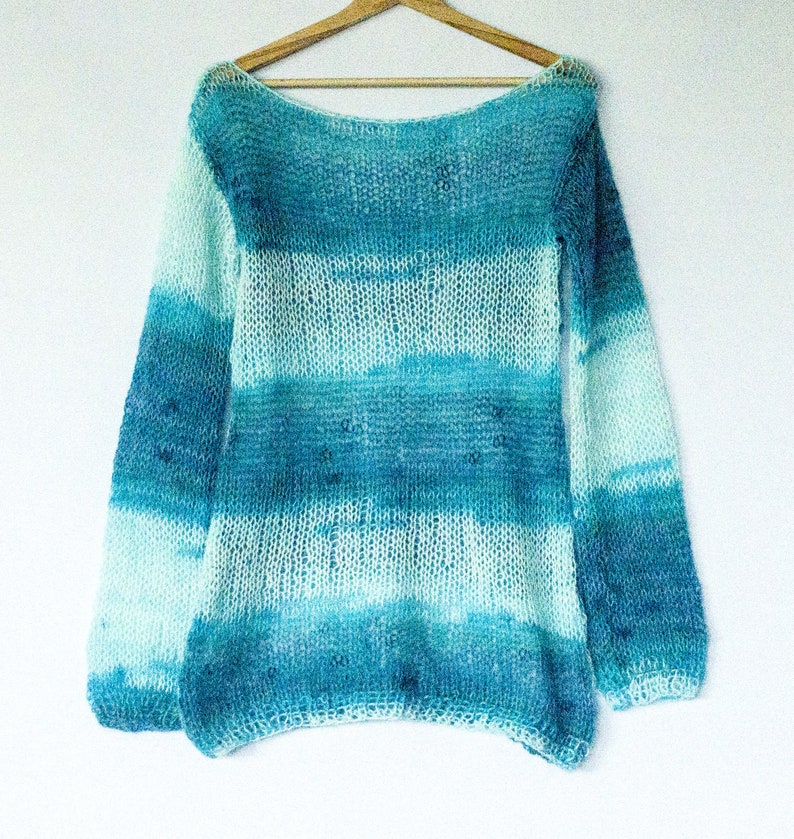 Blue Angora Mohair Sweater, Lightweight Sweater, Aqua Blue Knit Top, Long Sleeve Wool Jumper, Bohemian Clothing, Delicate Sheer and Soft image 2