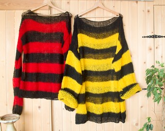 Vintage Oversized Goth Sweater - Unisex Grunge Mohair Jumper - Striped Yellow & Black - Women's 80s Clothing by myAqua