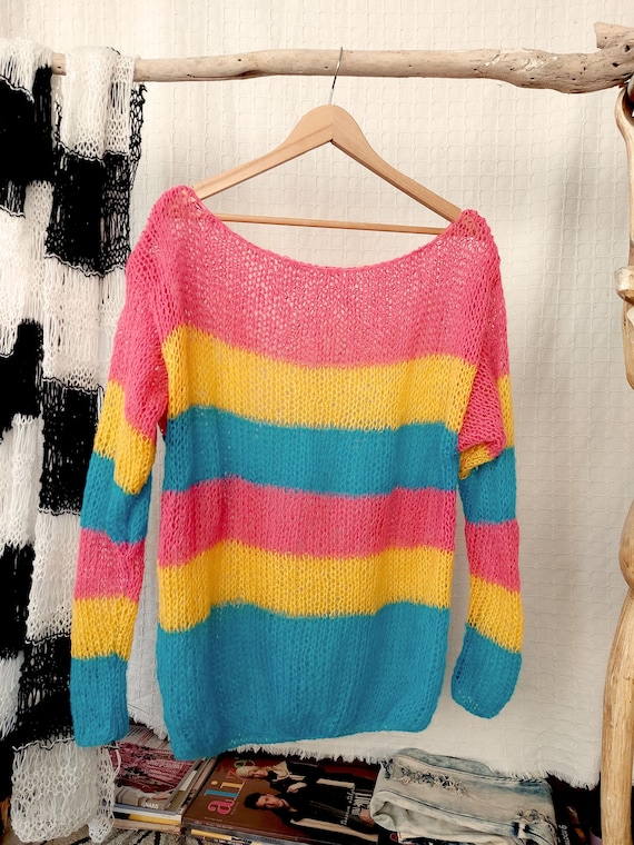 Maglione a righe arcobaleno in mohair, maglione grunge, regali