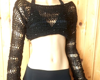 Black Cropped Sweater, Knit Crop Top, Sequined Black Gothic Hand-Knit Sweater with Long Sleeves - Edgy Goth Clothing by myAqua