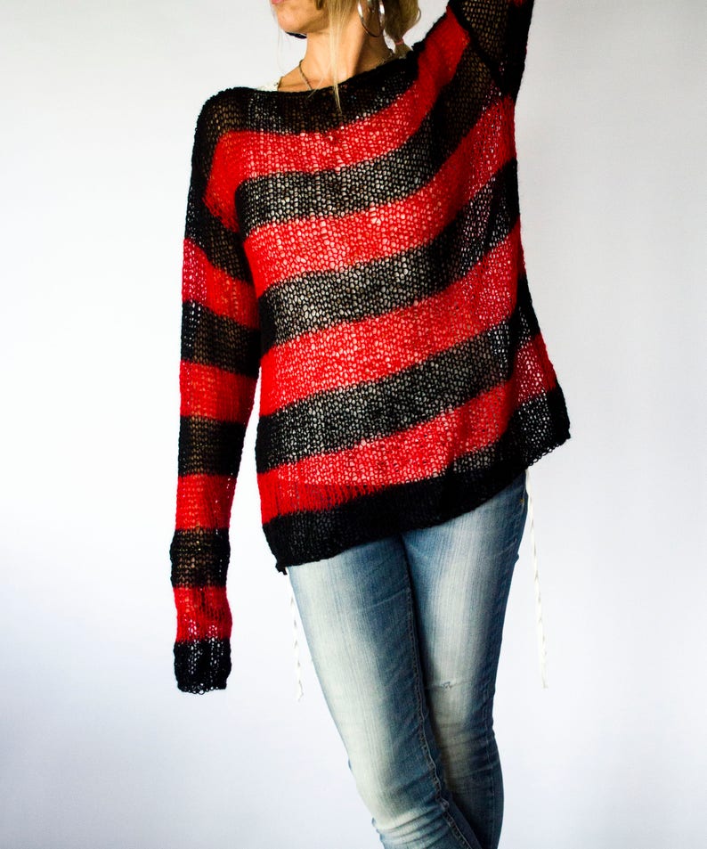 Red and Black Mohair Sweater, Unisex Knit Top, Striped Jumper, 90s Grunge, Punk, Rave, by myAqua image 7