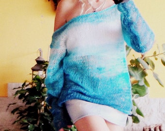 Turquoise Mohair Sweater with Very Long Sleeves, Vaporwave Hand Knit Sweater Off One Shoulder Style, Grunge Clothing by myAqua