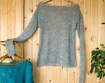 Mohair Sweater, Gray Knit Shirt, Grey Sweater, Hand Knit Mohair Jumper, See Through Sweater, Women's Lightweight Sweater outfit by myAqua