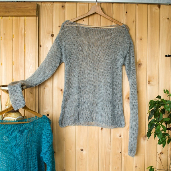 Mohair Sweater, Gray Knit Shirt, Grey Sweater, Hand Knit Mohair Jumper, See Through Sweater, Women's Lightweight Sweater outfit by myAqua