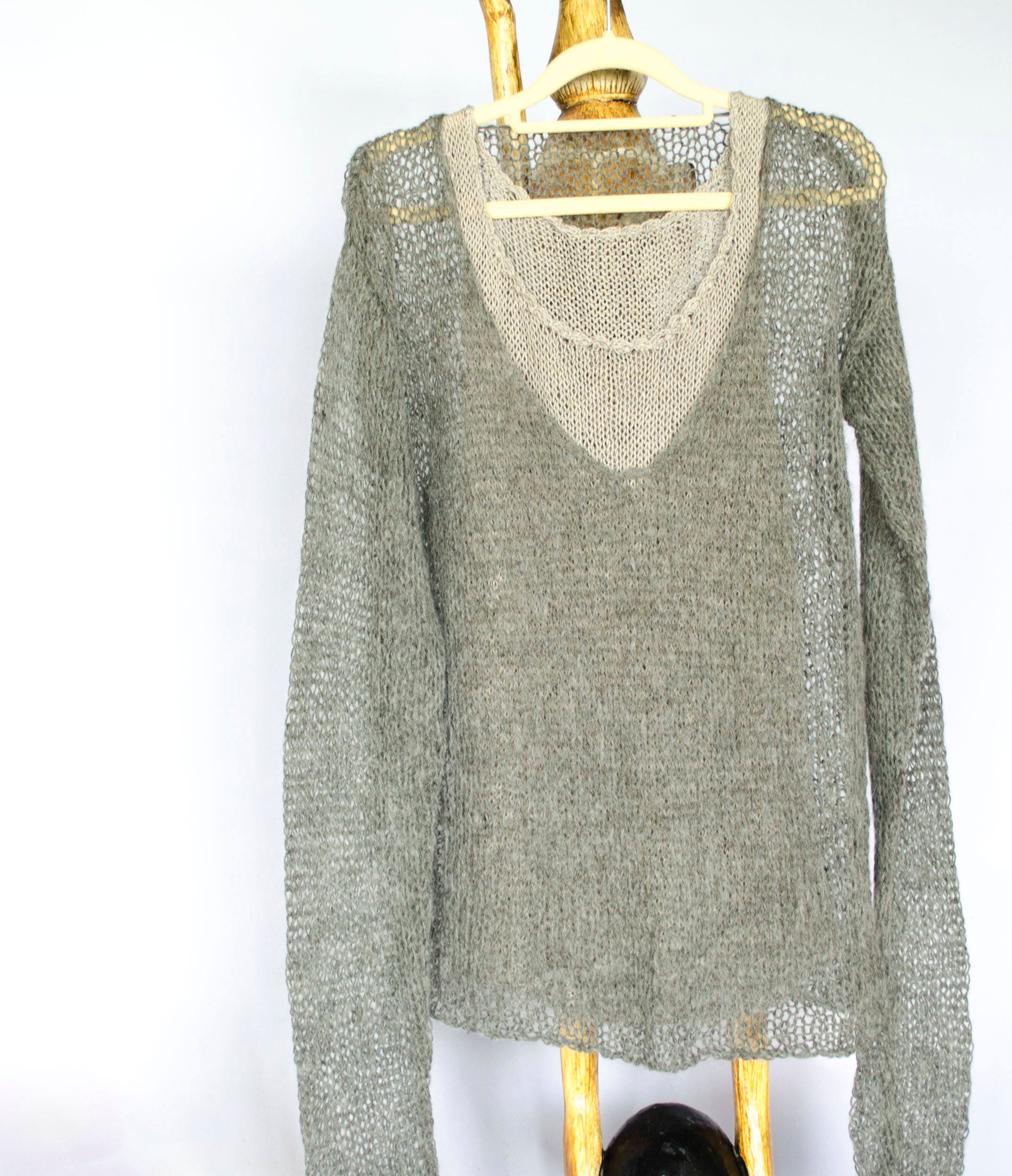 Mohair Sweater, Black Deep V Neck Mesh Knit Outfit, Unisex See 