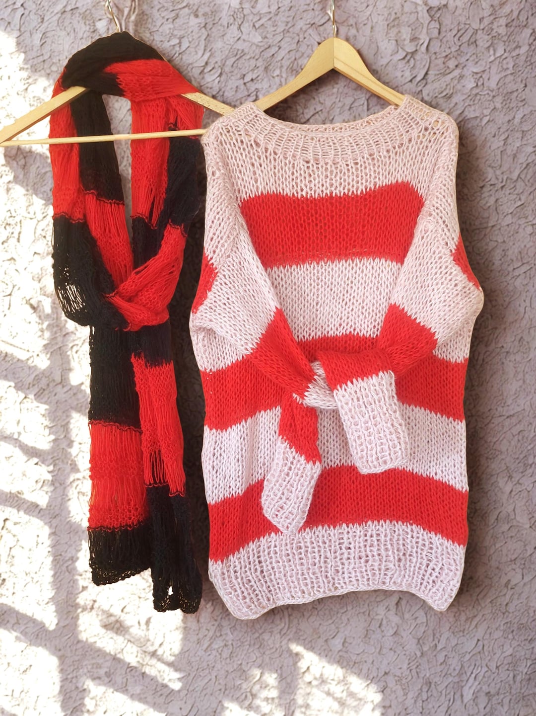 Pink Red Stripe Knit Sweater, Grunge Mohair Knitwear, Y2K Loose Baggy ...