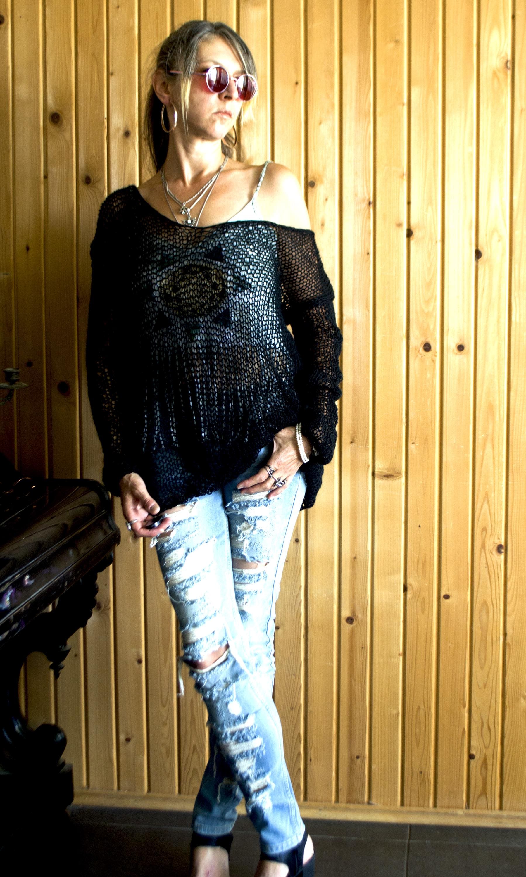 Sheer Knit Mohair Sweater, Black V Neck Jumper, See-through Dark