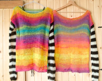 Gestreifter Mohair Pullover, Regenbogenfarben Pullover, Schwarz Weiß Gestreift, Durchsichtig Top, Pop Punk Mohair Grunge Pullover Geschenk von myAqua