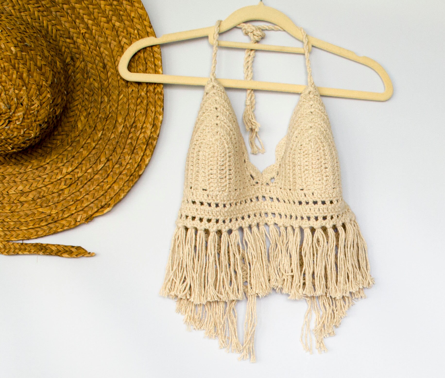 Ecru Crop Top Fringed Crochet Top 60 s Hippie Clothes Music