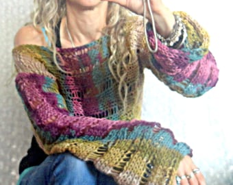 Suéter de cultivo bohemio colorido, ropa hippie tejida a mano, suéter de yoga de manga larga de campana, top hippie Pixie Overbust de myAqua