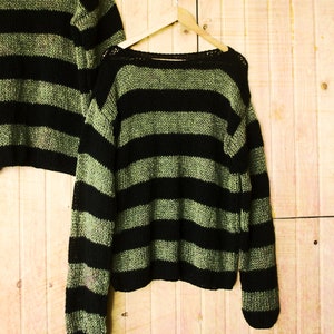 Striped Sweater, Uniform Green and Black Stripey Jumper, Grunge Green Striped Sweater, Punk Mohair Jumper, Hand Knit Mohair Sweater