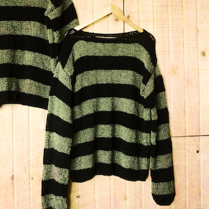 Striped Sweater, Uniform Green and Black Stripey Jumper, Grunge Green Striped Sweater, Punk Mohair Jumper, Hand Knit Mohair Sweater