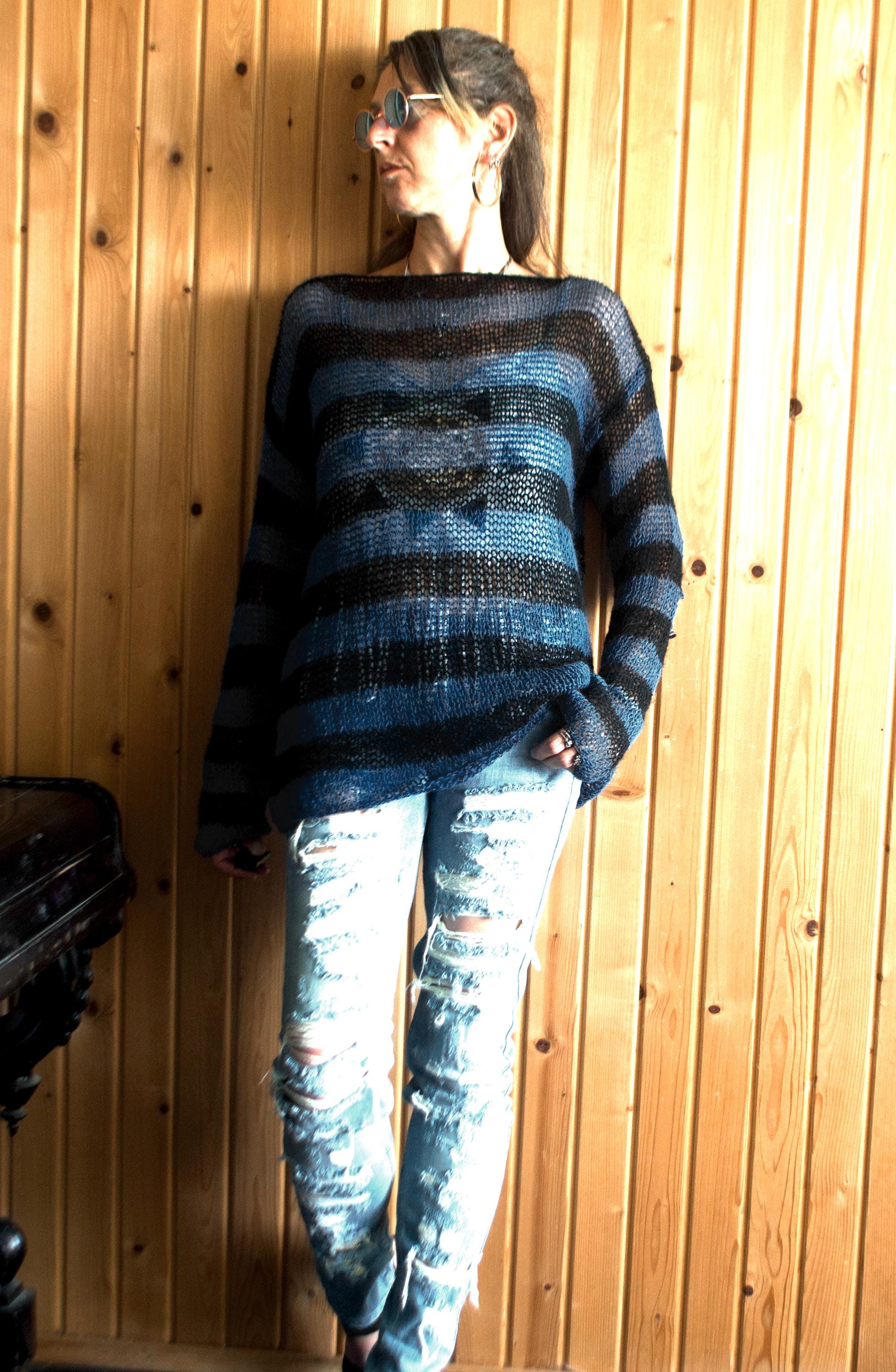 トップス layered punk grunge mohair knit sweater Grunge Mohair Sweater, Black Striped Sweater, Punk Rock