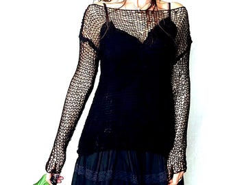 Schwarzer Netz Strickpullover, Schwarzes Strickoberteil, Gothic Grungge Strick Top, Alt Fashion Layering Piece