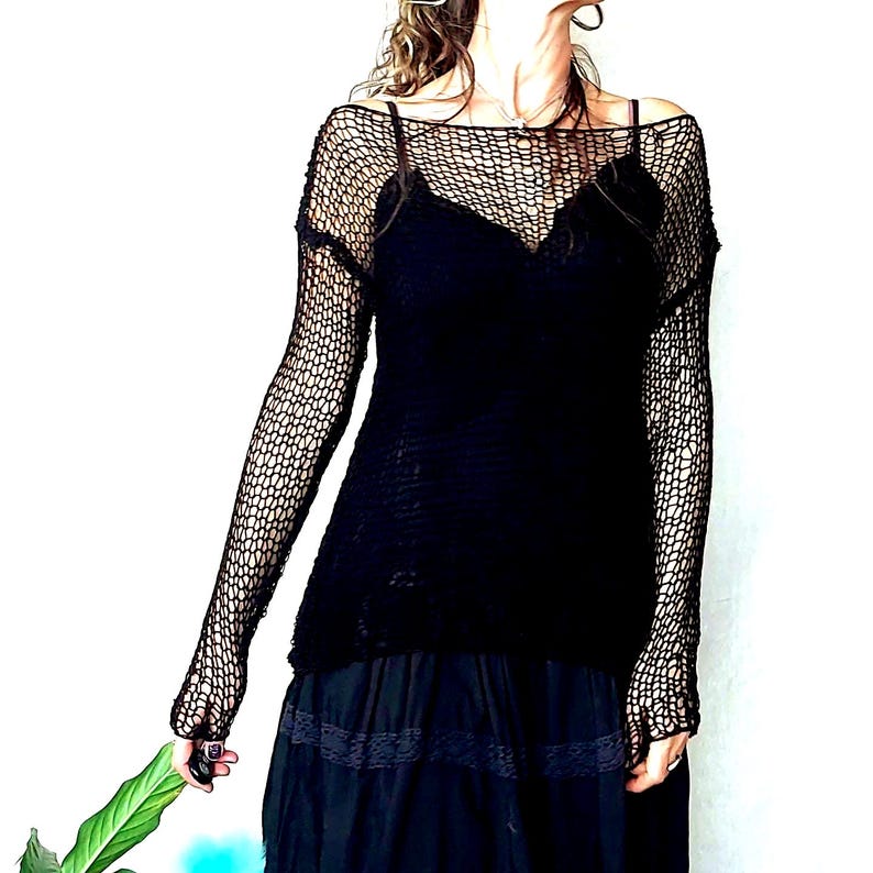 Black Mesh Knit Sweater, Open-knit Sheer Knitwear, Gothic Grunge Knit ...